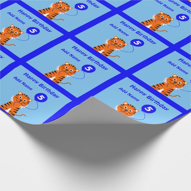 5th birthday tiger custom name blue wrapping paper (Corner)