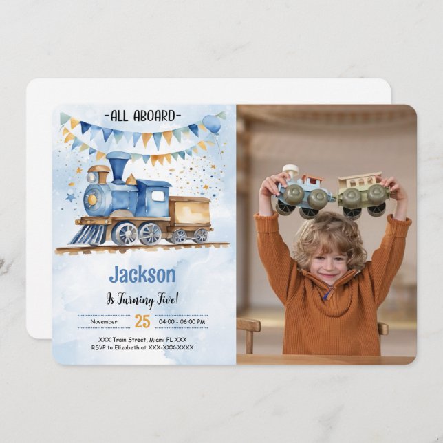 5th Birthday Train Party Photo Invitation (Front/Back)