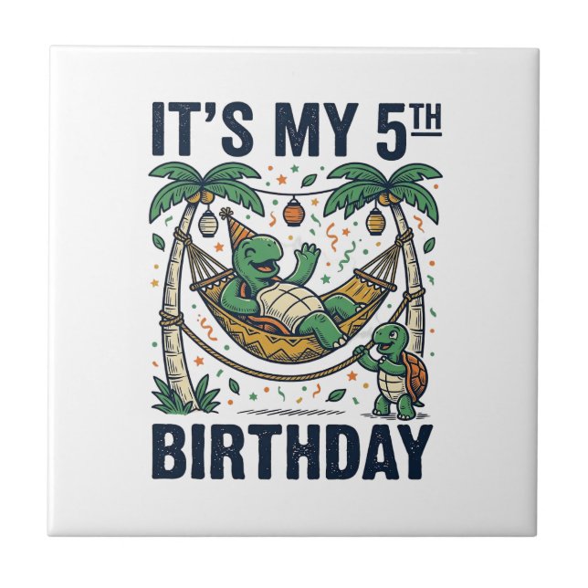 5th Birthday Turtle Hammock Vintage Engraving Desi Tile (Front)