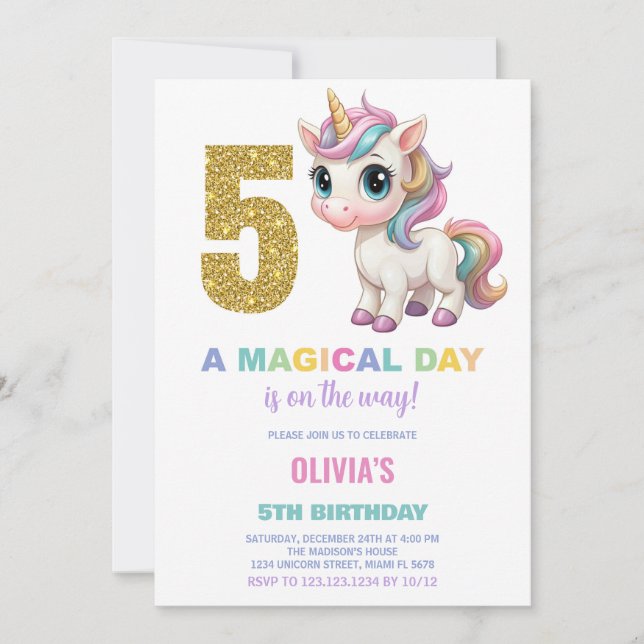 5th Birthday Unicorn Birthday Invitations (Front)