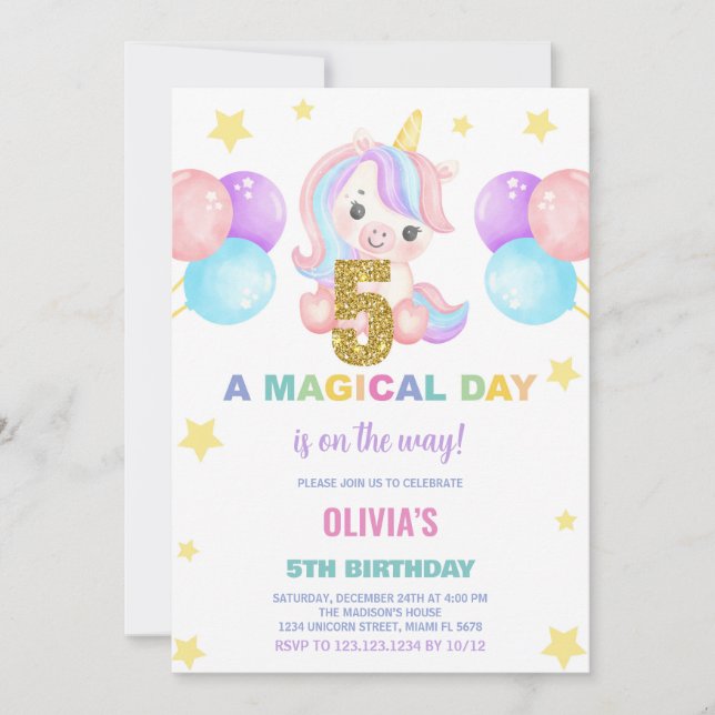 5th Birthday Unicorn Birthday Invitations (Front)