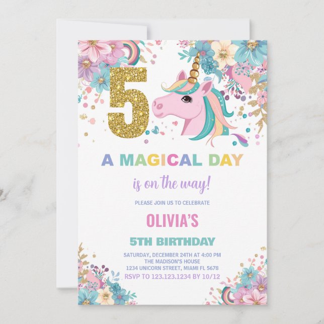 5th Birthday Unicorn Birthday Invitations (Front)