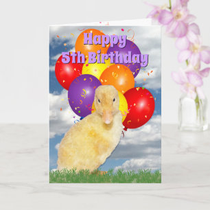 5th Birthday Yellow Duckling Colourful Balloons Card