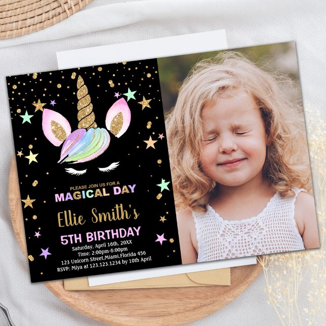 5th Black Unicorn Birthday Invitations with photo (5th Black Unicorn Birthday Invitations with photo)