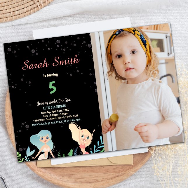 5th Blonde Mermaid Birthday Invitations with photo (5th Blond Mermaid Birthday Invitations with photo)