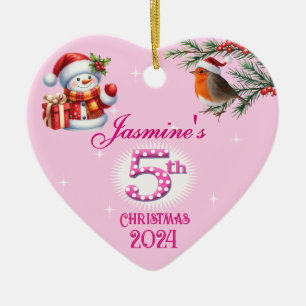 5th Christmas Personalised Girl's Heart Keepsake Ceramic Ornament