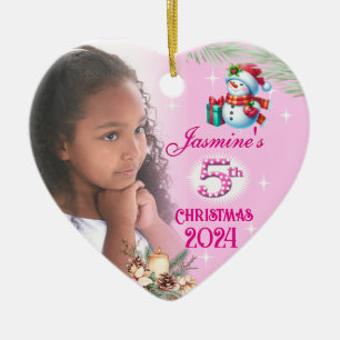 5th Christmas Personalised Girl's Photo Heart Gift Ceramic Ornament
