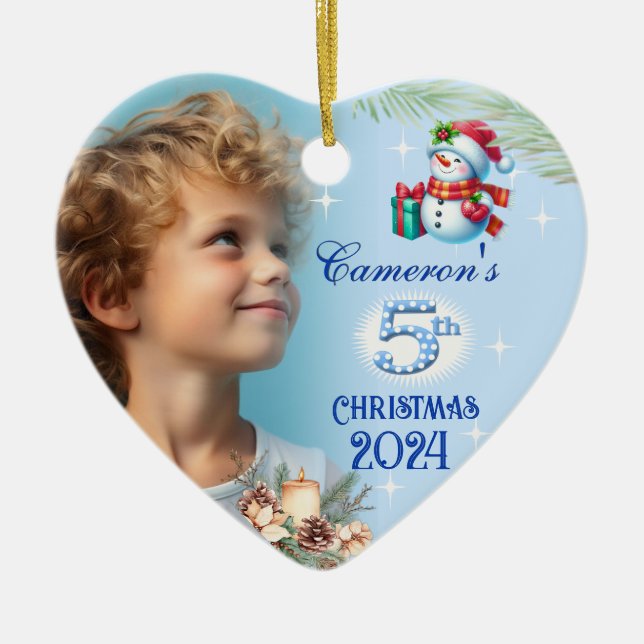5th Christmas Personalized Boy's Photo Heart Gift Ceramic Ornament (Front)