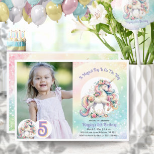 5th Five Unicorn Pastel Radiant Rainbow Photo Invitation