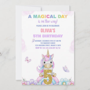 5th Floral Unicorn Birthday Invitations