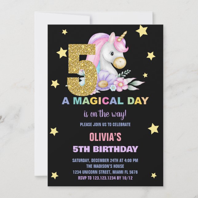 5th Floral Unicorn Birthday Invitations (Front)