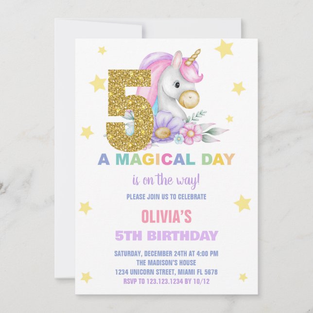 5th Floral Unicorn Birthday Invitations (Front)