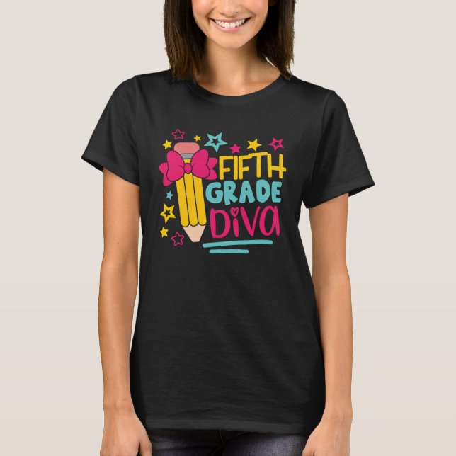 5th Grade Diva Girls Cute Head Bow Student & Teach T-Shirt (Front)