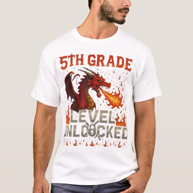 5th Grade Level Unlocked Gamer T-Shirt – Pixel Bos (Front)