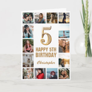5th Happy Birthday Gold and White Photo Collage Card
