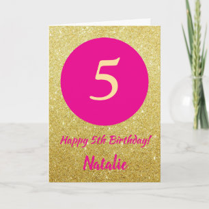 5th Happy Birthday Hot Pink and Gold Glitter Card