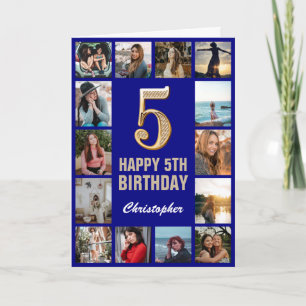 5th Happy Birthday Navy Blue & Gold Photo Collage Card