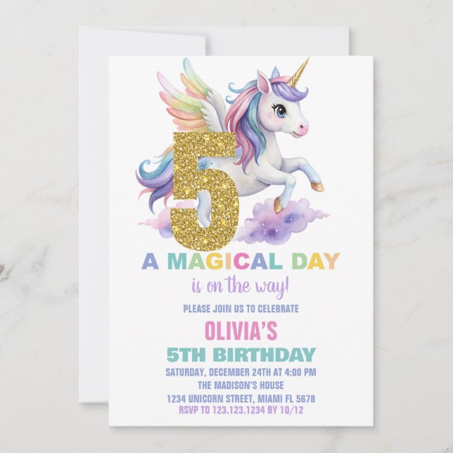 5th Rainbow Unicorn Birthday Invitations Fly (Front)