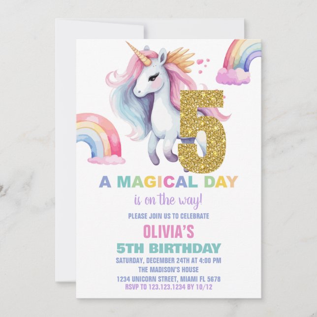 5th Rainbow Unicorn Birthday Invitations Glitter (Front)