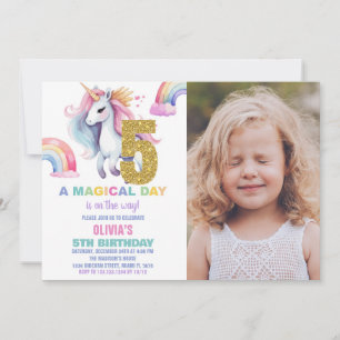 5th Rainbow Unicorn Birthday Invitations w photo