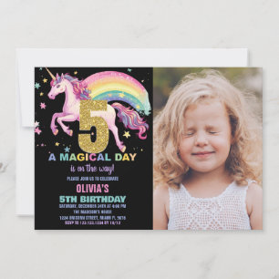 5th Unicorn Birthday Invitations Black with photo