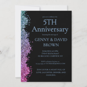 5th Wedding Anniversary Blue Purple Faux Glitter  Invitation