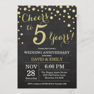 5th Wedding Anniversary Chalkboard Black and Gold Invitation