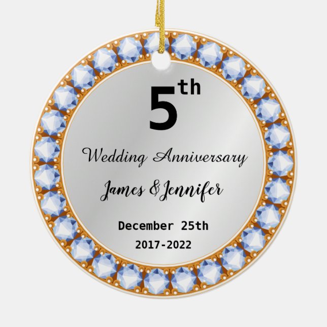 5th Wedding Anniversary diamond Custom Names Ceramic Ornament (Back)