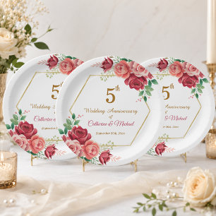 5th Wedding Anniversary Gold Frame Floral Paper Plate