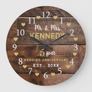 5th Wedding Anniversary Mr And Mrs Rustic Wood Large Clock