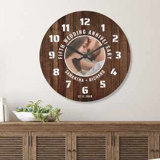 5th Wedding Anniversary Photo Rustic Pallet Wood Large Clock