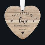 5th Wedding Anniversay Wood Anniversary Photo Ornament<br><div class="desc">5th wedding anniversary ornament with traditional wood look to celebrate the couple's happy 5 years of togetherness. Wood is the traditional gift given for fifth wedding anniversary.
Unique ornament with photo and names of the couple celebrating the milestone.
A perfect couple gift to show your love and commitment.</div>