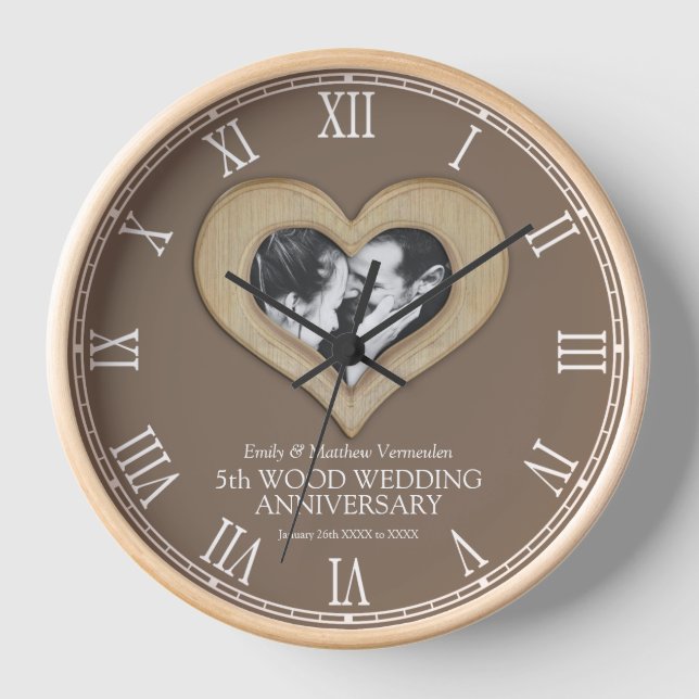 5th Wood wedding anniversary custom photo heart Clock (Front)