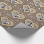 5th wood wedding anniversary custom photo wrap wrapping paper<br><div class="desc">Wedding anniversary wrapping paper in wood brown. Personalize this anniversary paper with your own photo and message, name and anniversary year. Simple hand crafted wooden effect heart shape graphics quinquennial, 5th Wood Wedding Anniversary wrapping paper ideal to wrap up a special gift for your wife or husband on your 5th...</div>