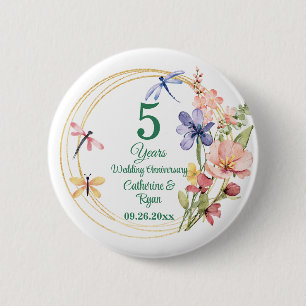 5th Wood Wedding Anniversary Gold Frame Floral 2 Inch Round Button