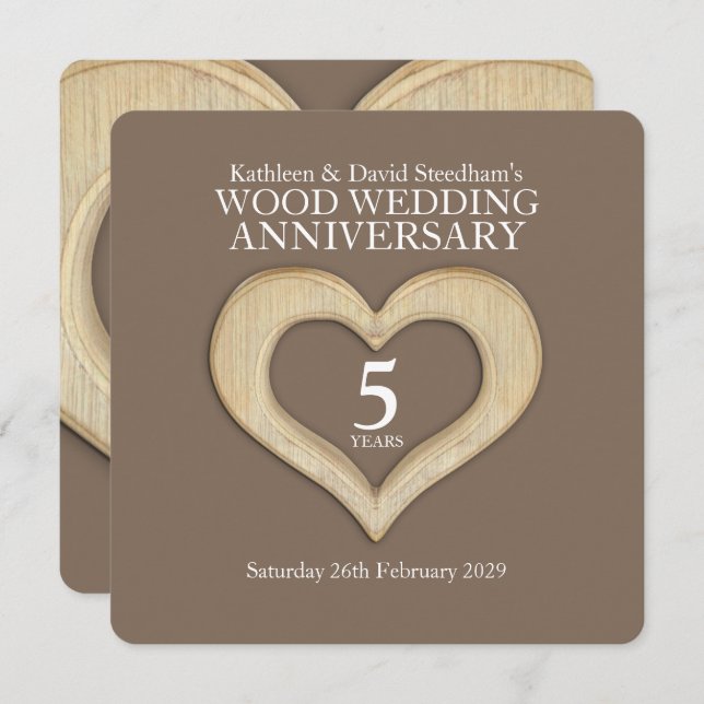 5th wood wedding anniversary heart party invites (Front/Back)