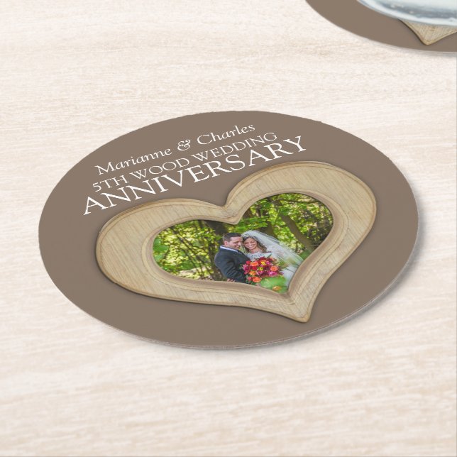 5th wood wedding anniversary heart photo coasters (Angled)
