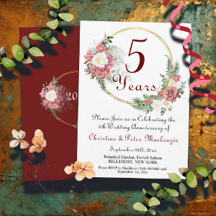 5th Wood Wedding Anniversary Roses Gold Frame Invitation