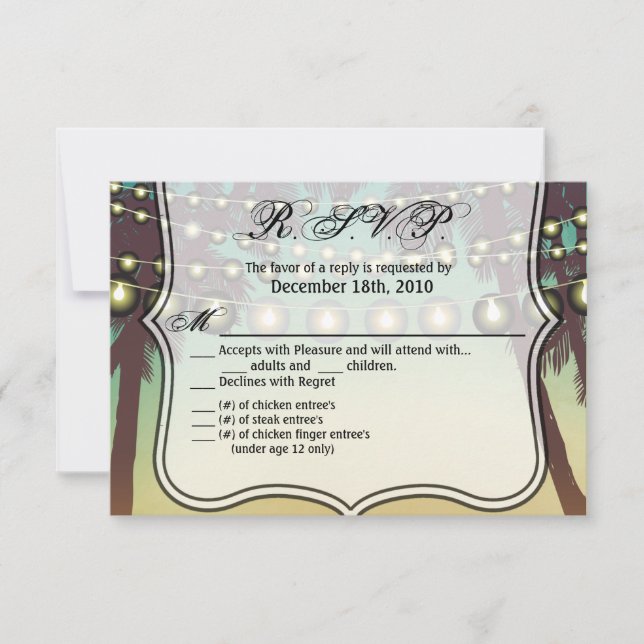 5x3.5 R.S.V.P. Card Beach Sunset Palm Trees String (Front)