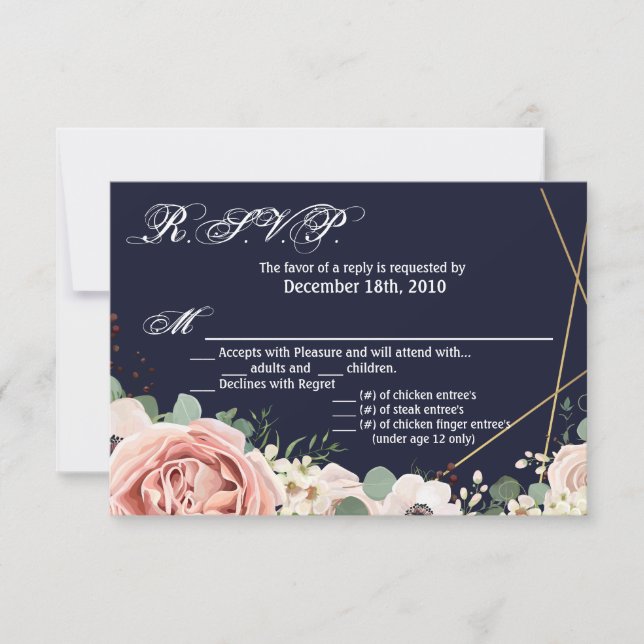 5x3.5 R.S.V.P. Card Geometric Garden Rose Navy Blu (Front)
