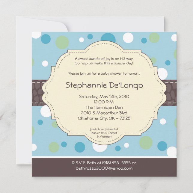5x5 Boy Blue Polkadot Poke Baby Shower Invitation (Front)