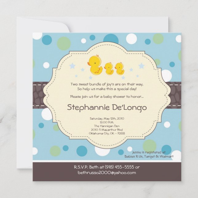 5x5 Boy TWIN Rubber Duck Baby Shower Invitation (Front)