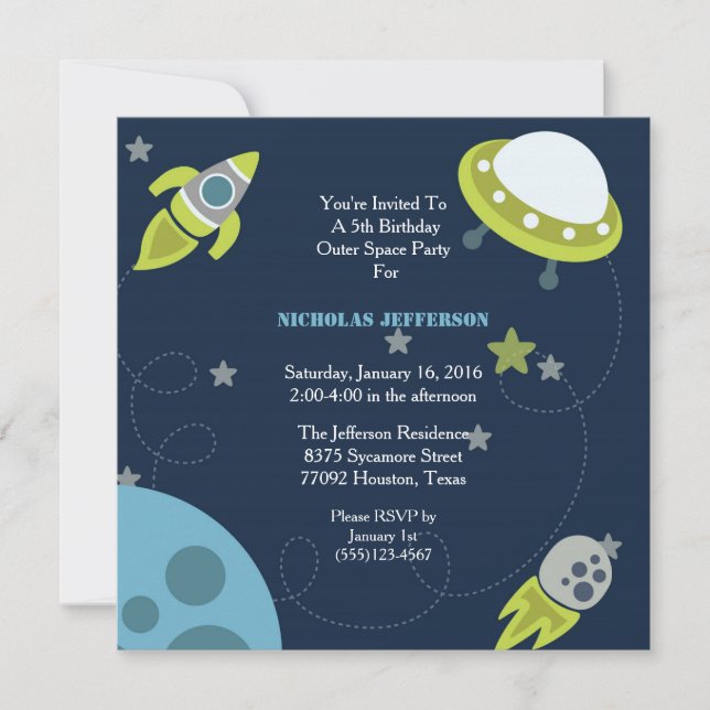 5x5 Green Outer Space Birthday Party Invitation (Front)