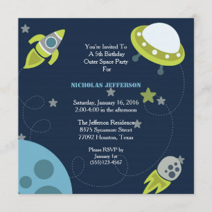 5x5 Green Outer Space Birthday Party Invitation