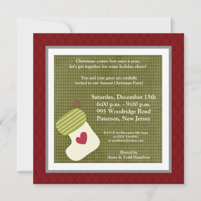 5x5 Green / White Christmas Stocking Invitation (Front)