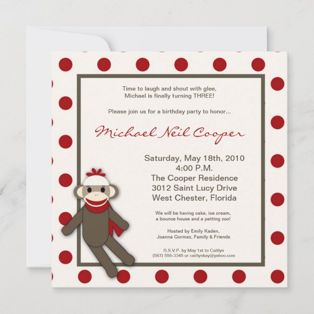 5x5 Invitation à la fête d'anniversaire du singe r (Devant)