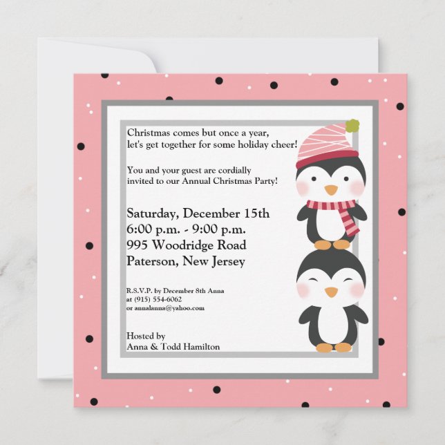 5x5 Penguin Cuties Polka Dots Invitation (Front)