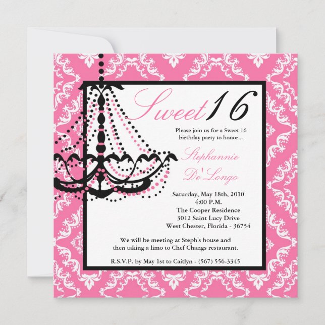 5x5 Pink Chandelier Sweet 16 Birthday Invitation (Front)