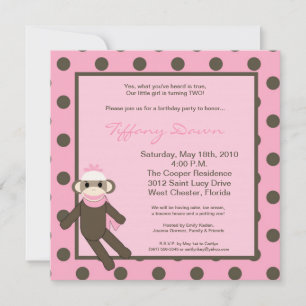 5x5 Pink Sock Monkey Toy Birthday Party Invitation