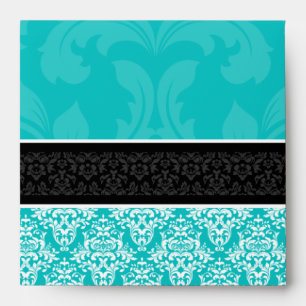 5x5 Turquoise Black & White Damask Lined Envelopes